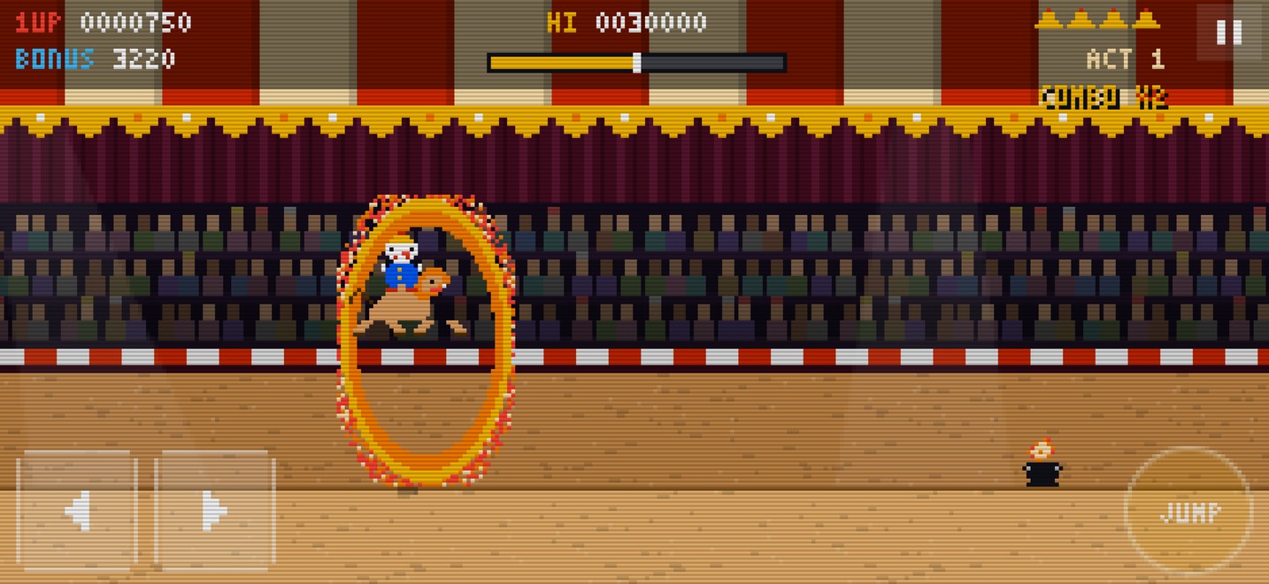 Pip the clown rides a lion through a flaming hoop in Circus Arcade