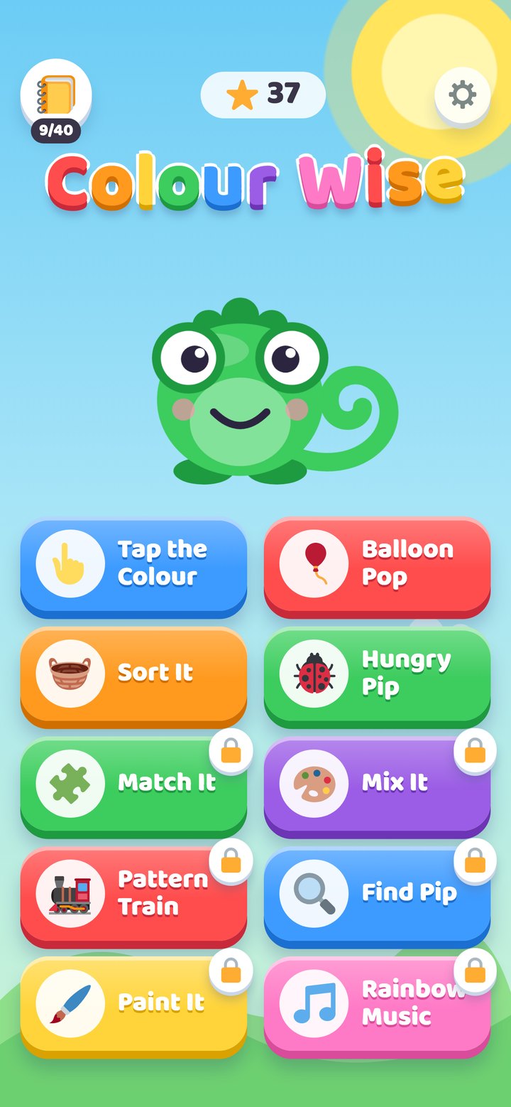 The Colour Wise home screen with Pip and ten games