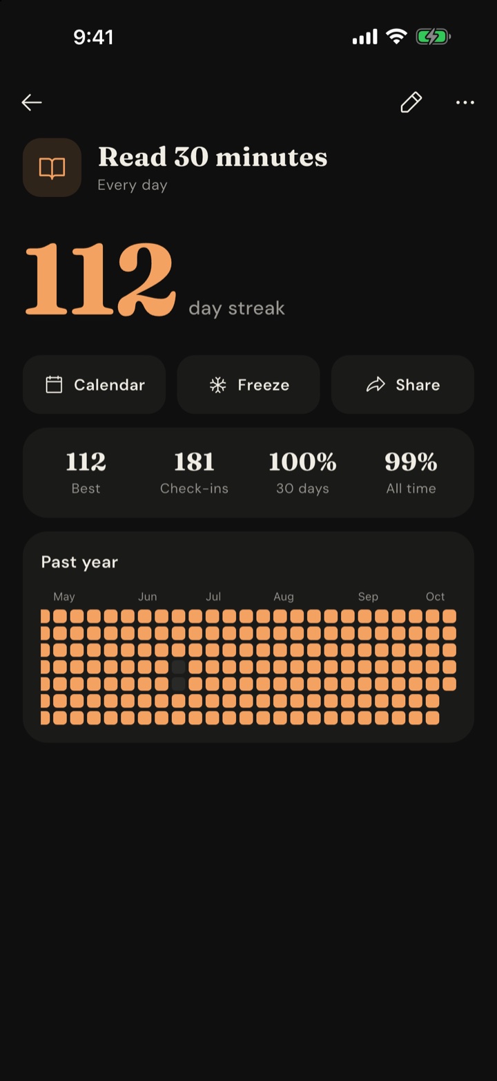 A habit's detail screen: Read 30 minutes, a 112 day streak, buttons for Calendar, Freeze and Share, four stats and a heatmap of the past year