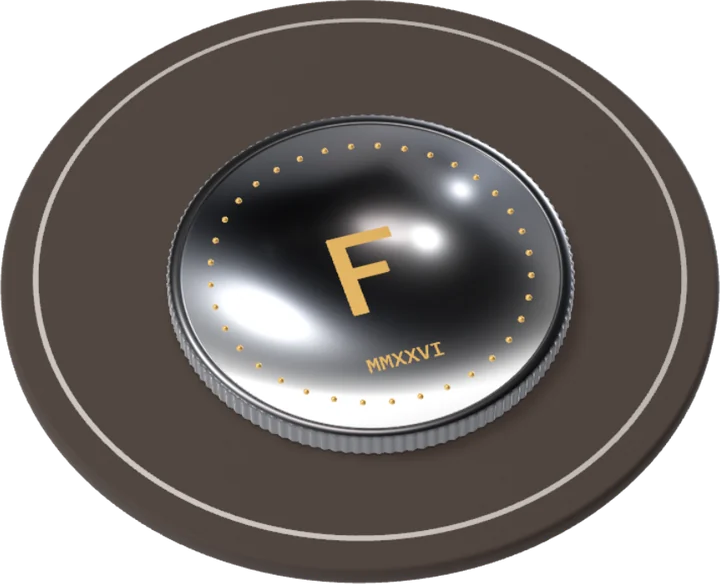 Coin: a brass coin lying on a round leather mat