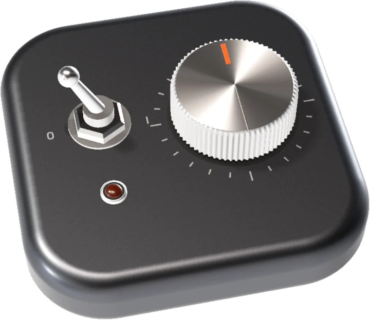 The Panel: a graphite object with a toggle, a status lamp and a spun-metal dial