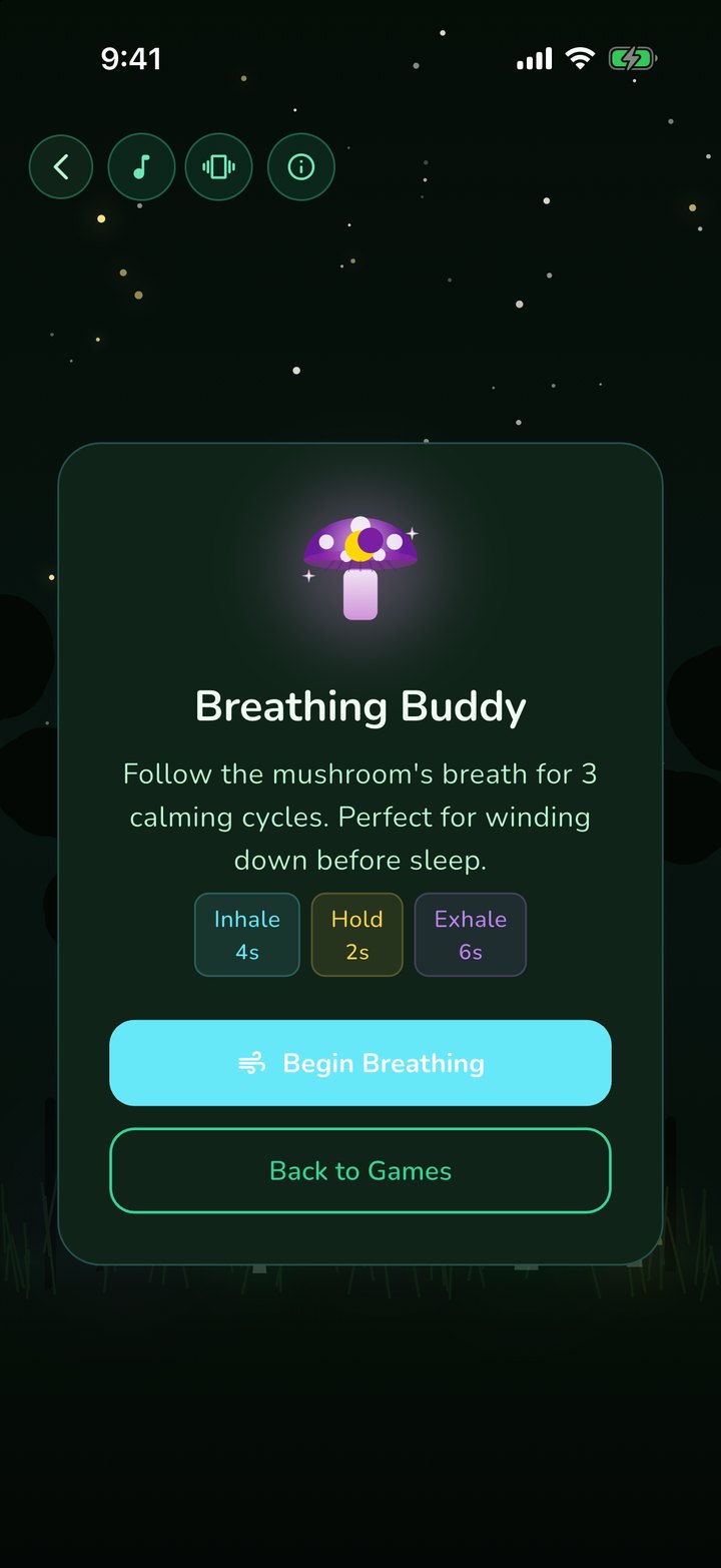 The Breathing Buddy screen with a glowing mushroom, Inhale 4 seconds, Hold 2 seconds, Exhale 6 seconds, and a Begin Breathing button