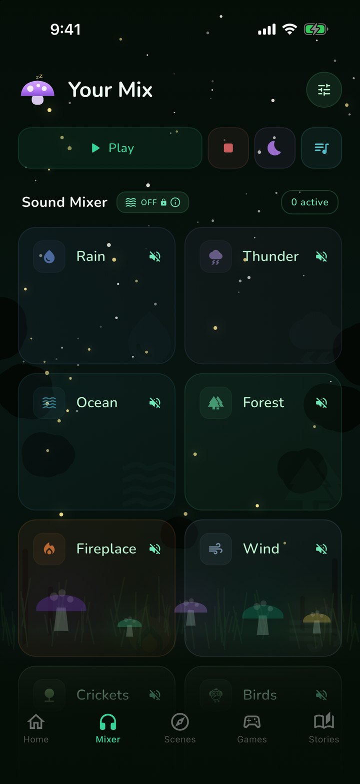 The Your Mix screen with a Play button and sound tiles for rain, thunder, ocean, forest, fireplace and wind
