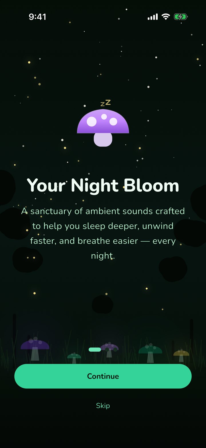 The Night Bloom welcome screen with a sleepy purple mushroom in a starry night forest