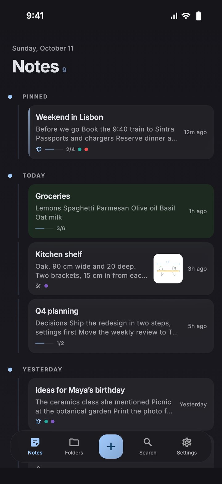 The Nota home screen in the dark theme