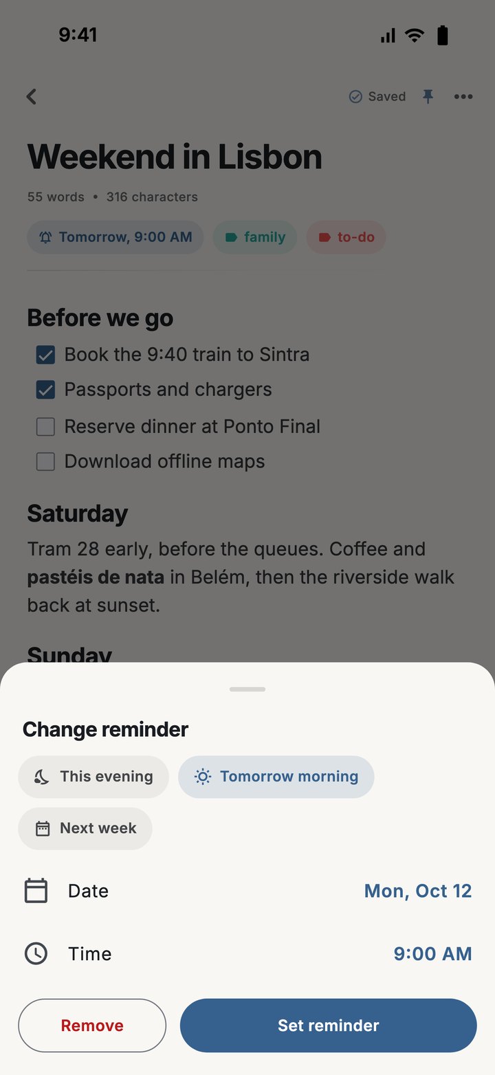 The reminder sheet over a note, with quick choices for this evening, tomorrow morning and next week, and a date and time