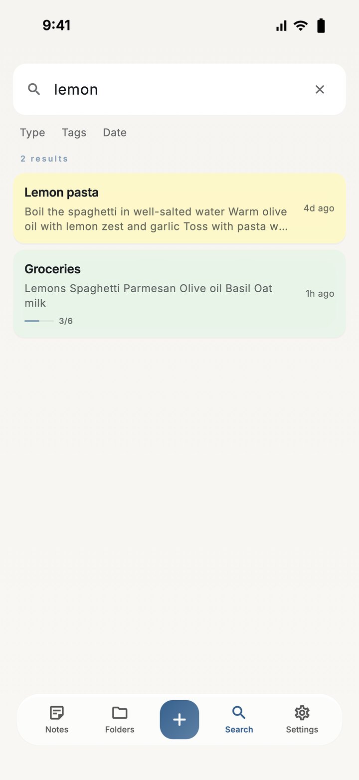 Search results for the word lemon showing two notes, with Type, Tags and Date filters above them