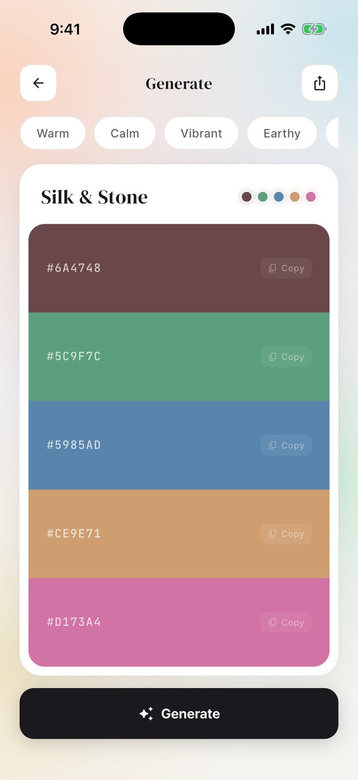 The Generate screen showing a palette named Silk and Stone with five colours, Copy buttons and a Generate button