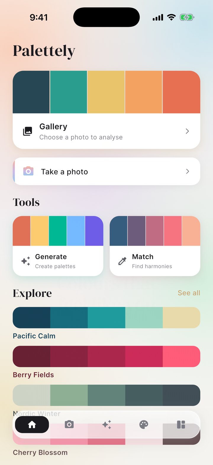 The Palettely home screen with Gallery and Take a photo, Generate and Match tools, and palettes named Pacific Calm, Berry Fields and Nordic Winter