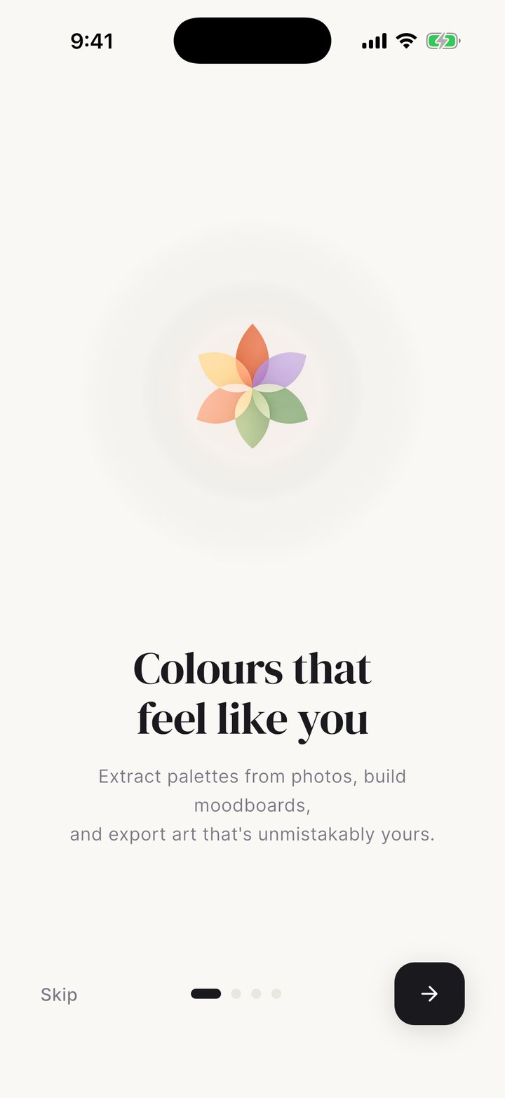 The Palettely welcome screen with the petal logo and the line Colours that feel like you