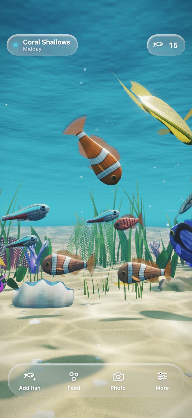 Clownfish and tangs crowding in toward a finger holding food