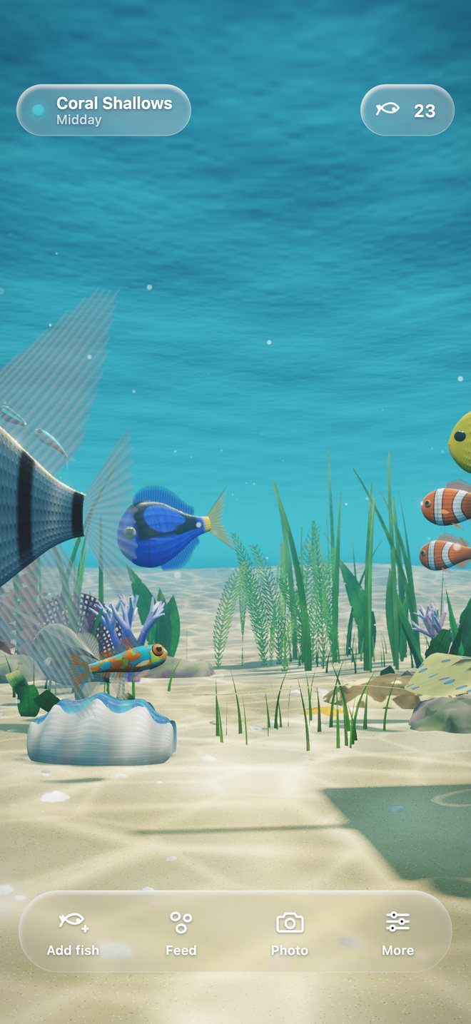 Pocket Reef's Coral Shallows at midday: an emperor angelfish, clownfish, a regal blue tang and yellow tangs over sunlit sand, with a seahorse and a giant clam
