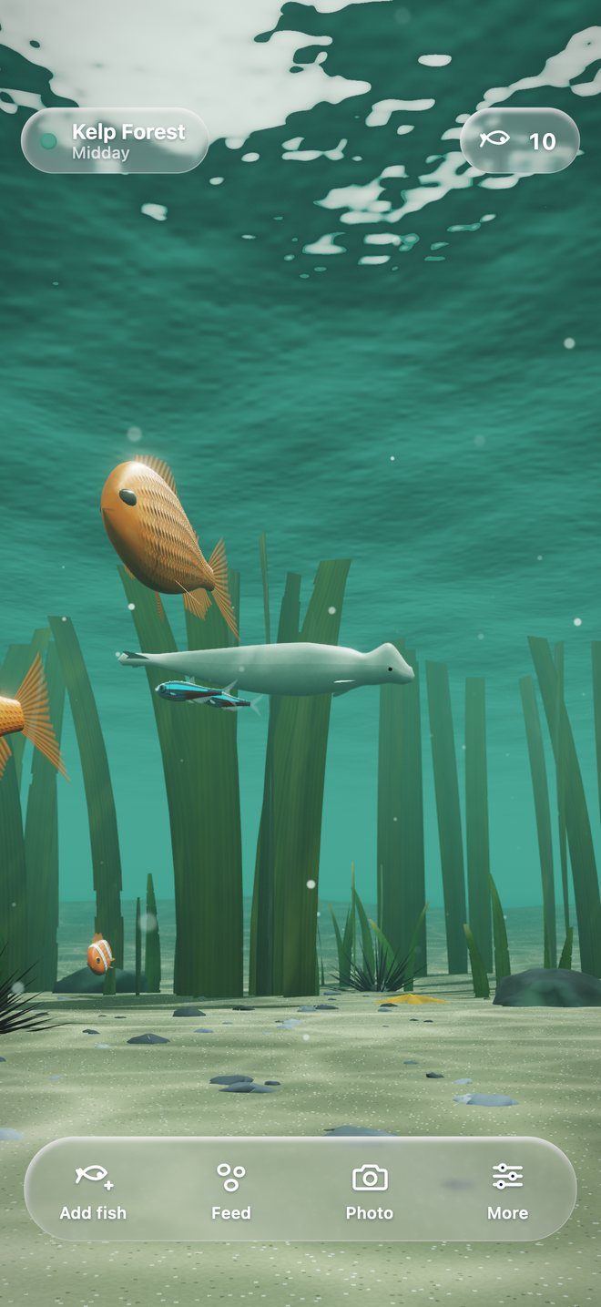 Garibaldi and a beluga in the green light of the Kelp Forest