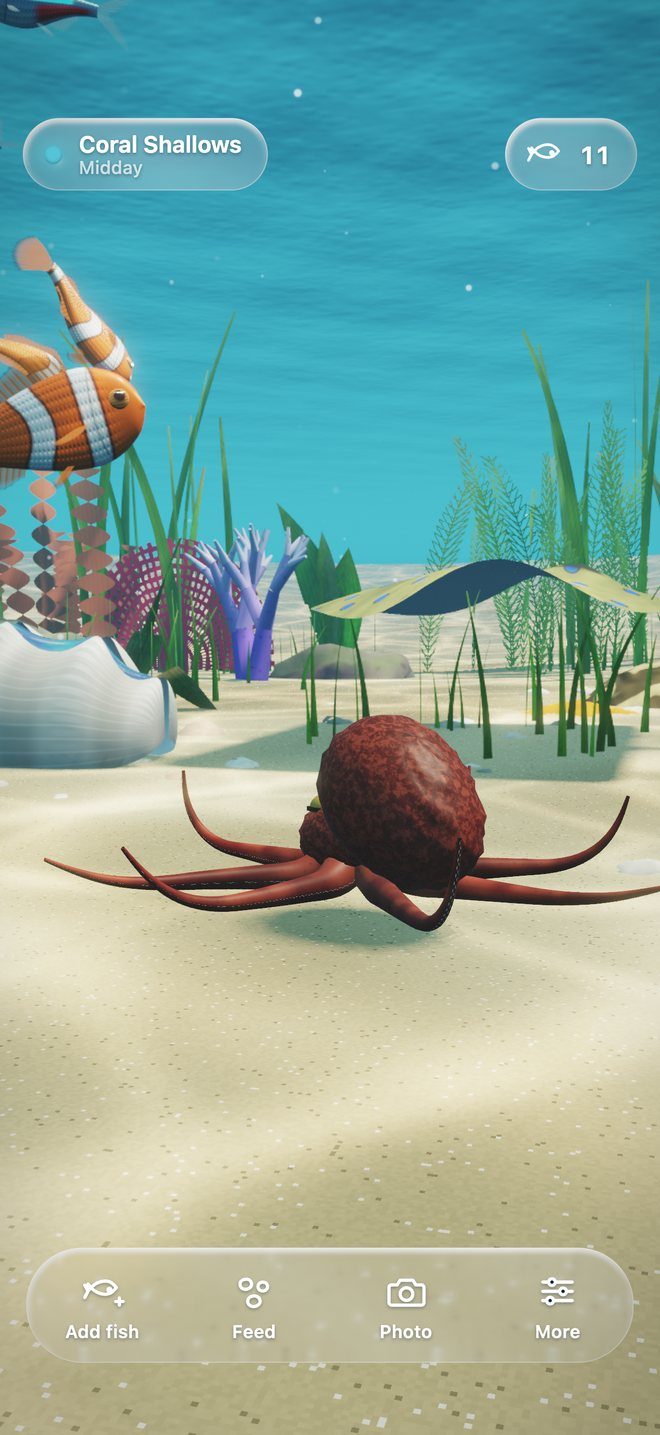 A red day octopus resting on the sand with its arms spread