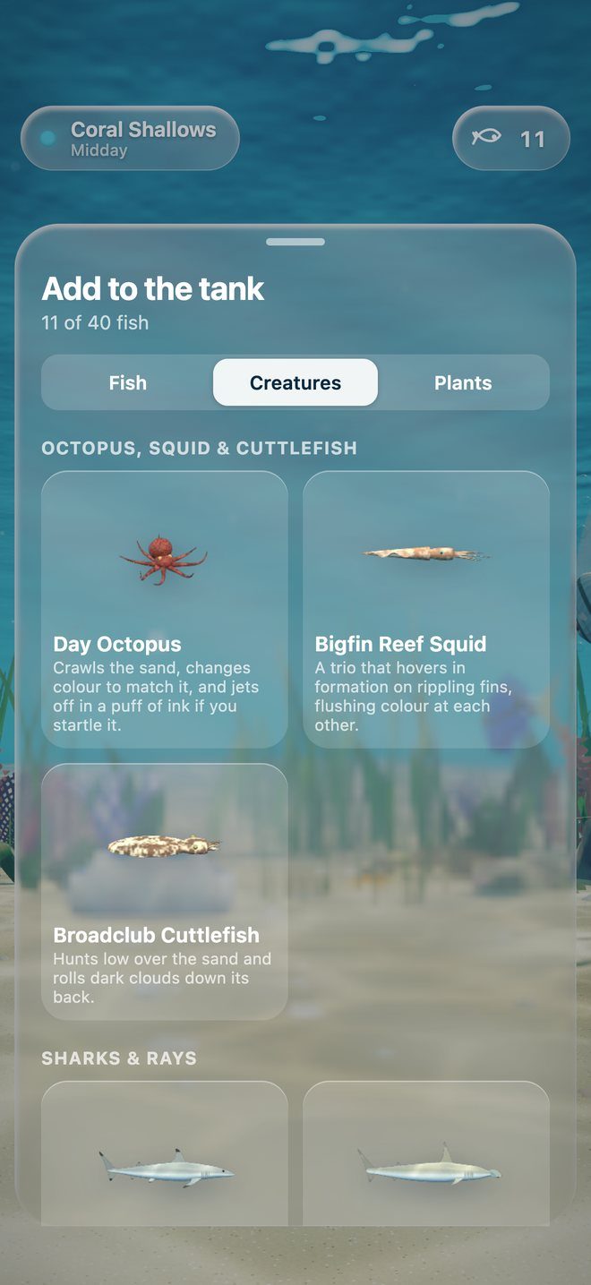 The Add to the tank sheet showing the octopus, squid and cuttlefish shelf