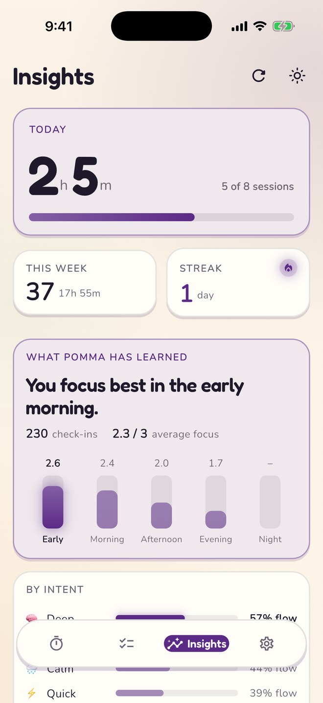 Insights showing the best time of day to focus and a breakdown by intent