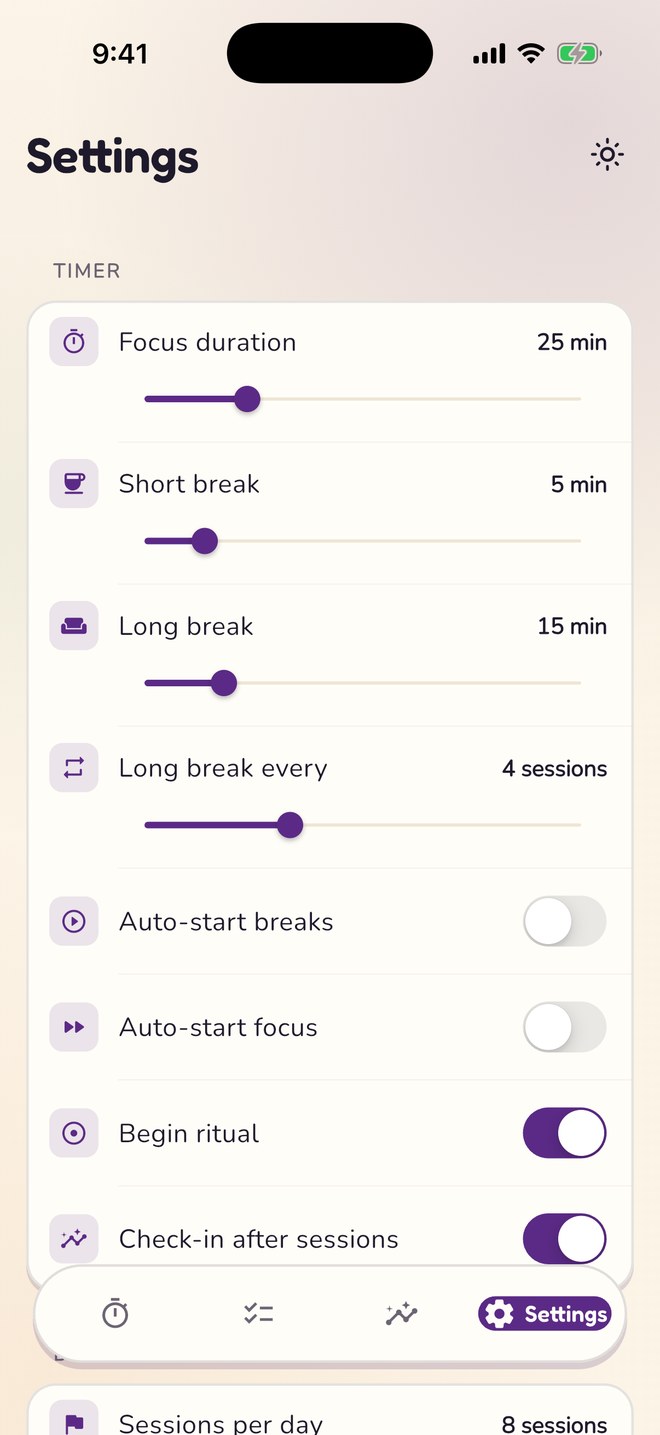 Settings with sliders for focus, short break and long break lengths