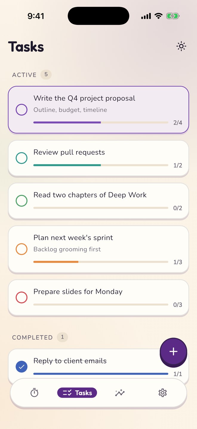 A task list with progress bars showing sessions done against sessions planned