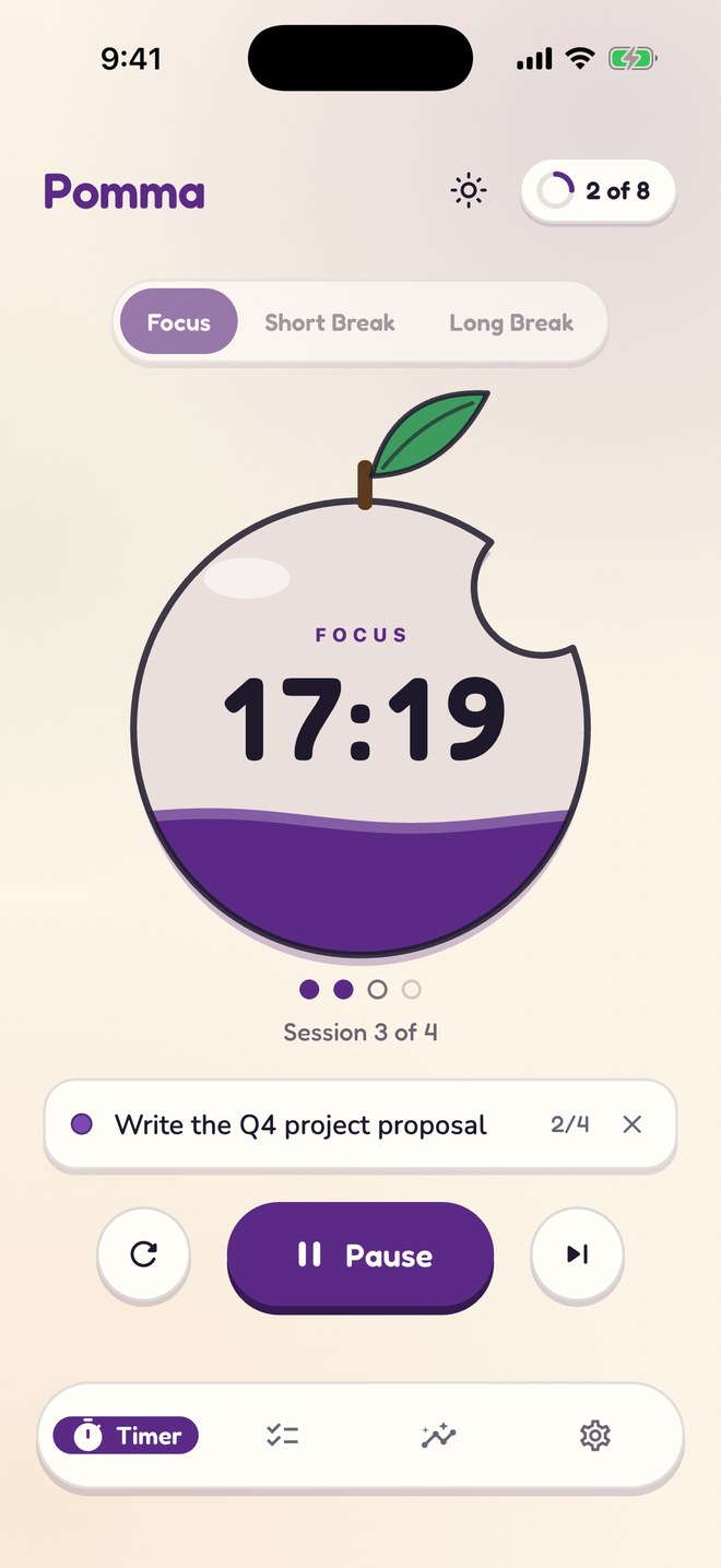 Pomma's plum timer filling with juice partway through a focus session
