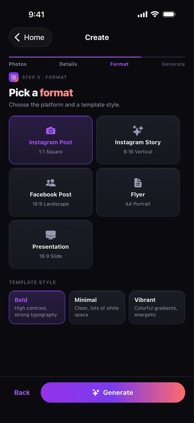 Choosing between Instagram Post, Instagram Story, Facebook Post, Flyer and Presentation