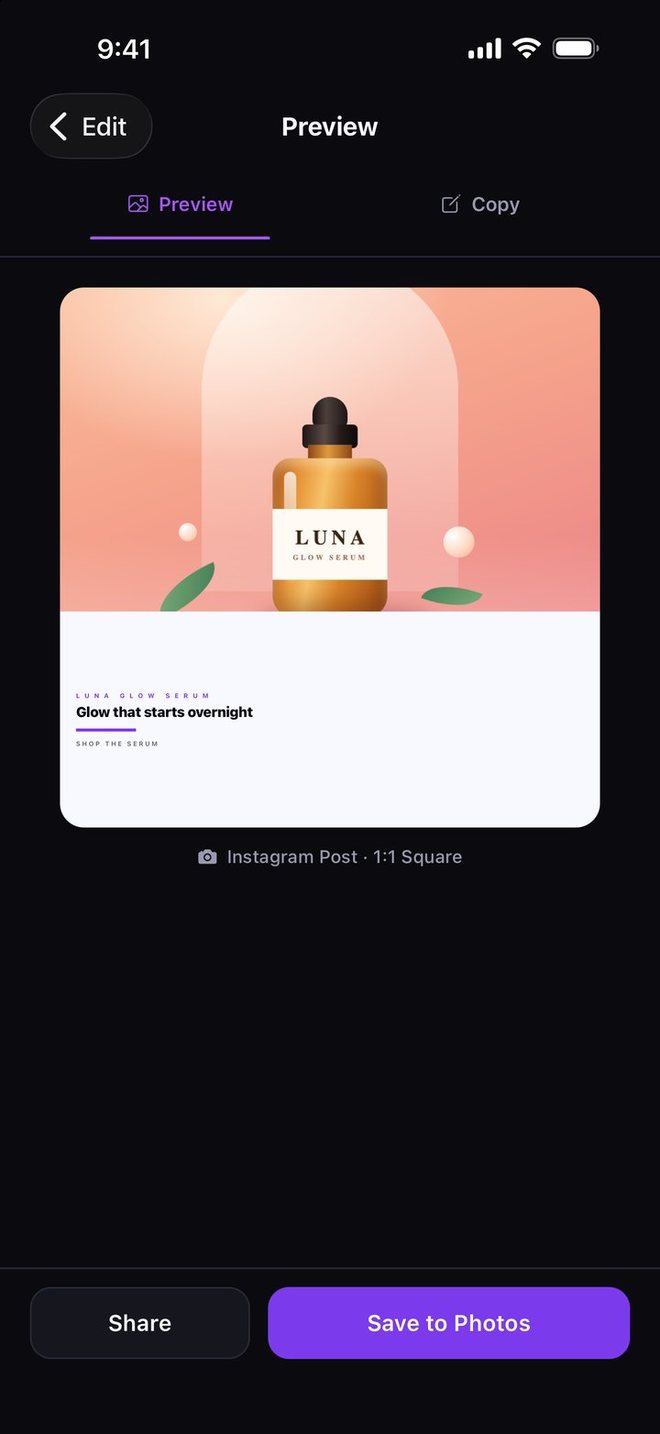 A finished Instagram post for a skincare serum in Postela's preview, ready to save