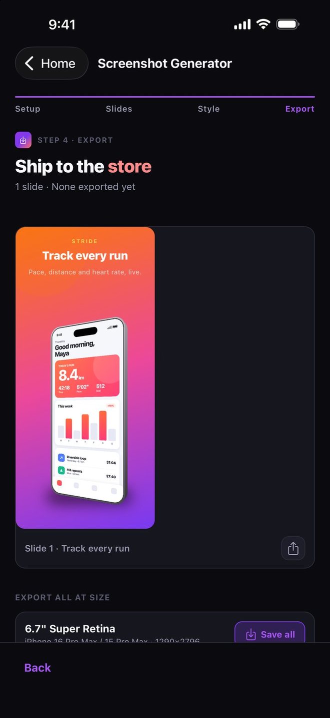 Postela's export step listing App Store screenshot sizes