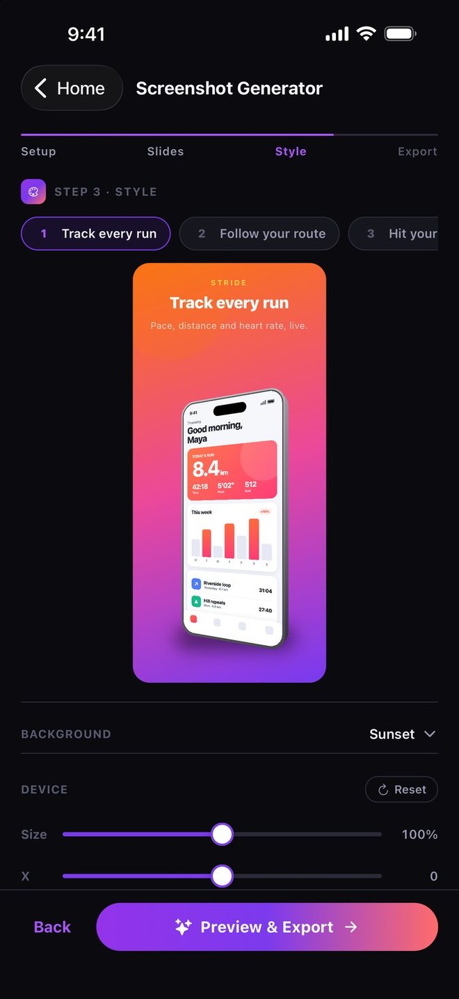 Postela's screenshot generator showing a tilted phone on an orange and purple gradient