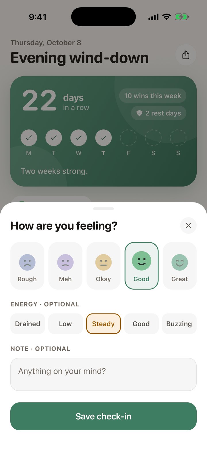 A check-in sheet with five mood faces from Rough to Great, an energy row and a note field