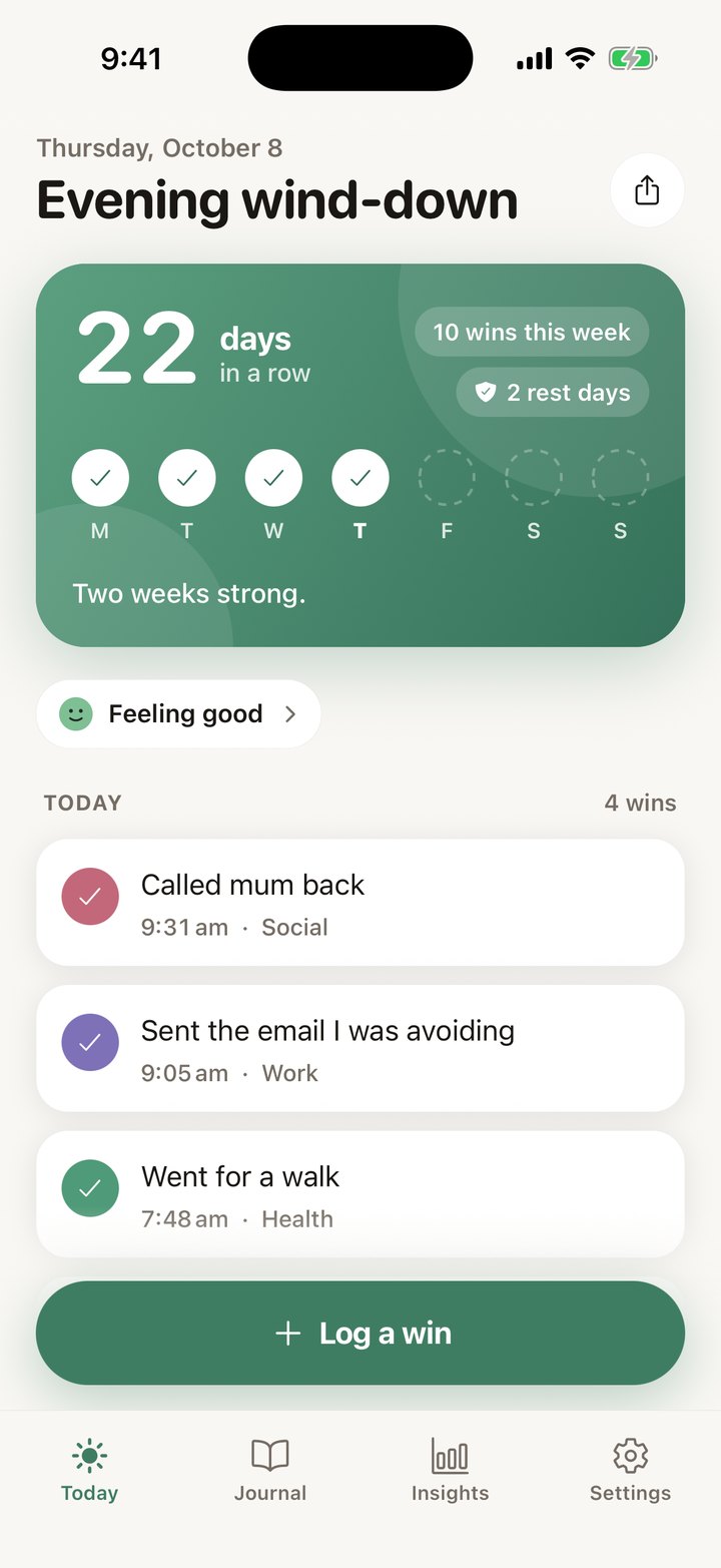The Today screen with a streak card, a mood chip reading Feeling good, and today's wins