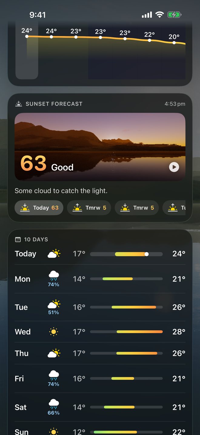 The sunset forecast: a score out of 100 with a rendered preview of tonight's sunset