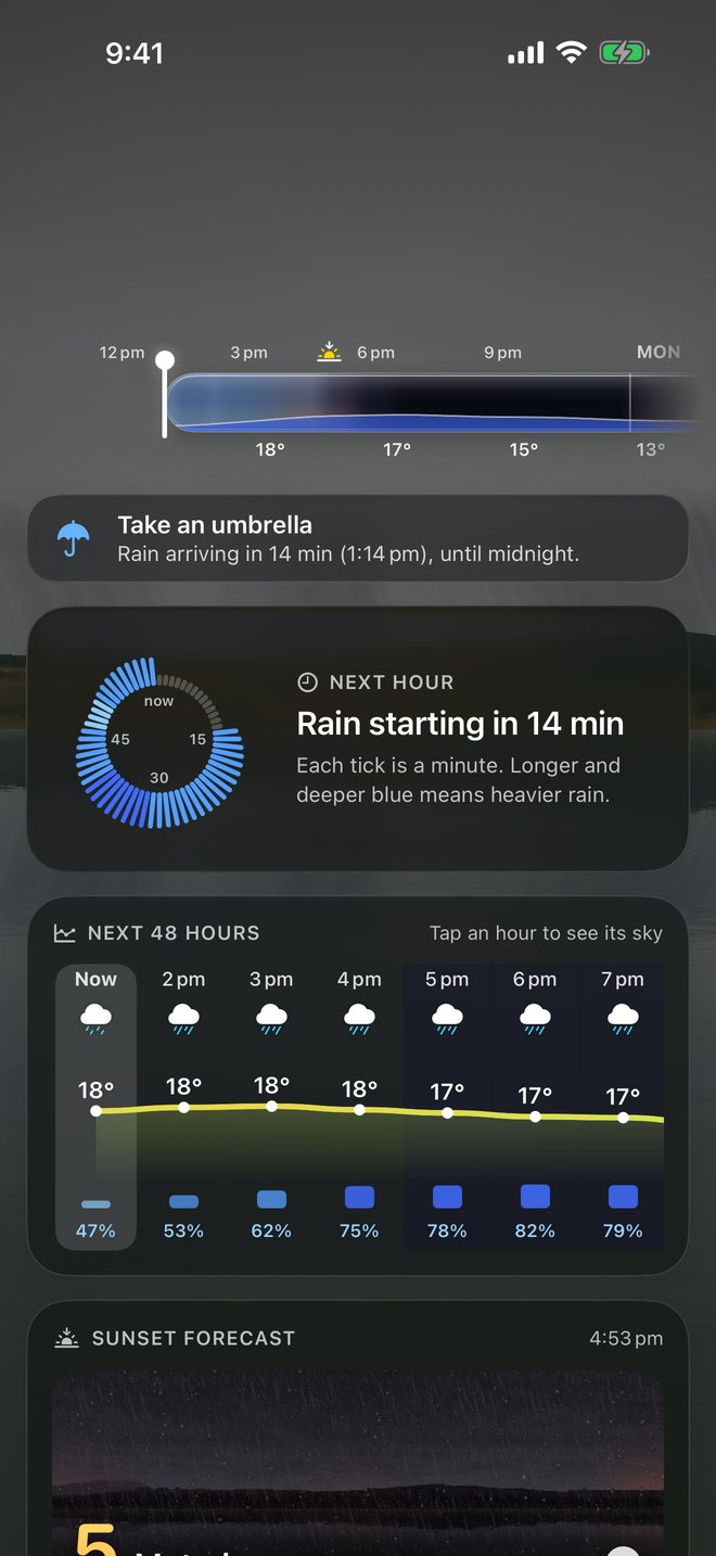 Take an umbrella: rain arriving in 14 minutes, with a minute-by-minute rain dial