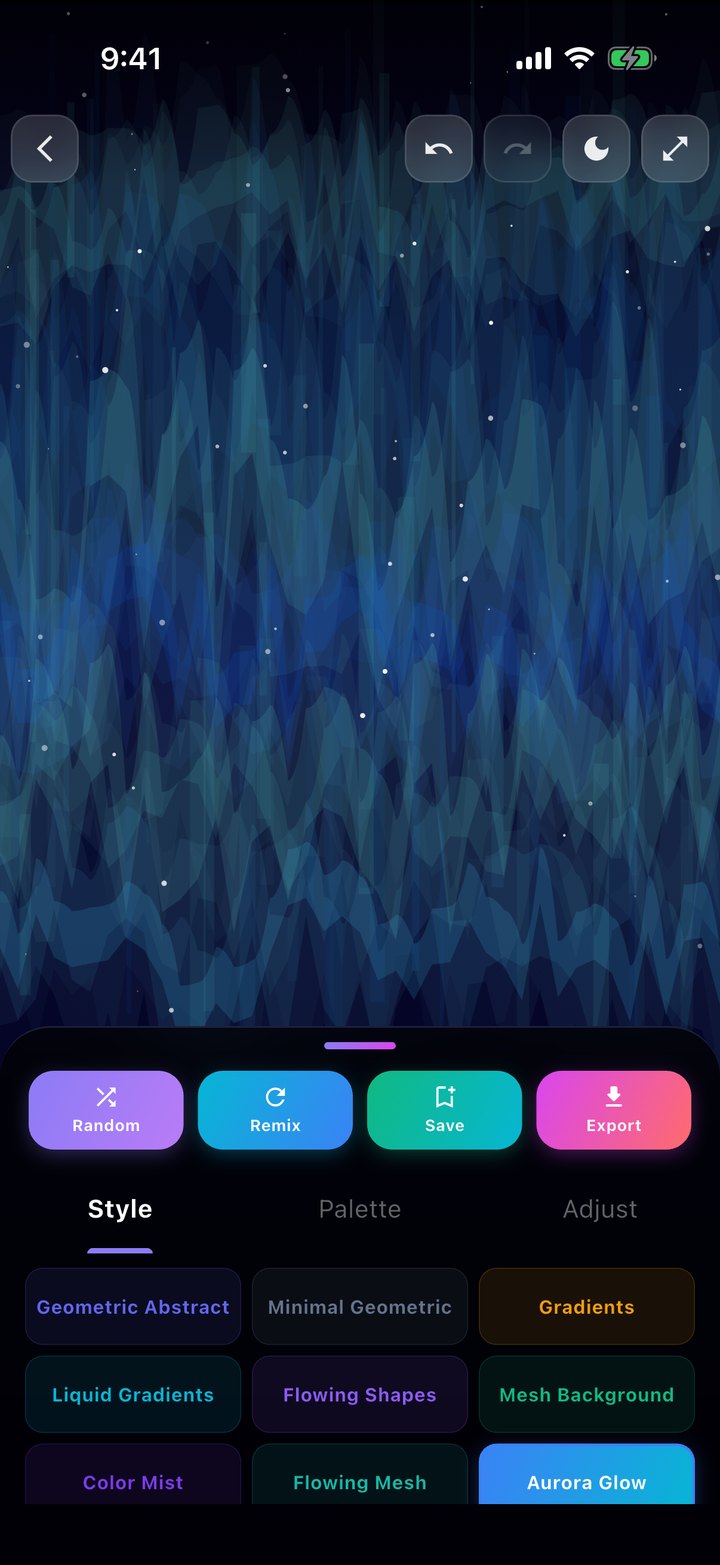 The Canwasa editor showing an Aurora Glow wallpaper, with Random, Remix, Save and Export buttons and a grid of styles