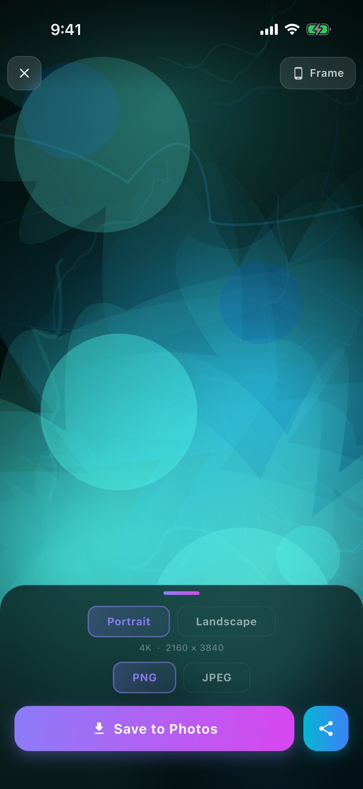 The export screen for a teal Liquid Gradients wallpaper, with Portrait and Landscape, 4K 2160 by 3840, PNG and JPEG, and a Save to Photos button