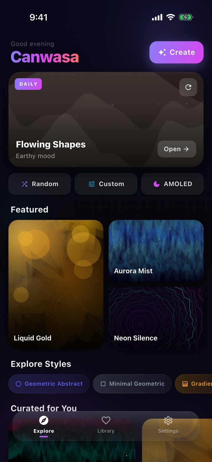 The Canwasa home screen with a daily Flowing Shapes wallpaper, Random, Custom and AMOLED buttons, and featured wallpapers named Liquid Gold, Aurora Mist and Neon Silence